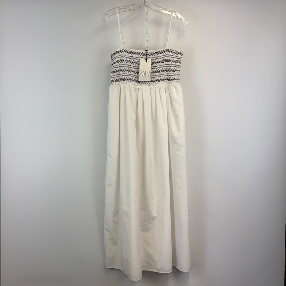 Zara White Smocked Midi Dress Black Contrast Bodice Straps Size M NWT